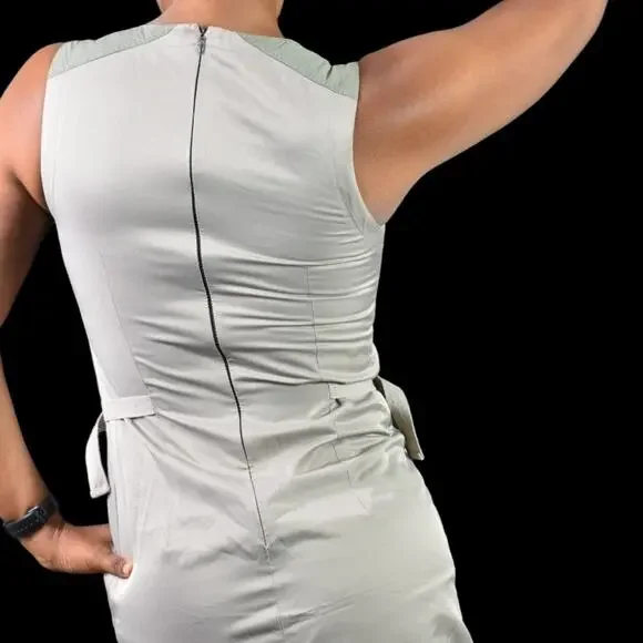 Cargo Utility Midi Dress Tan Khaki Stretch Zippers Parachute Sack Utilitarian XS - Picture 5 of 16